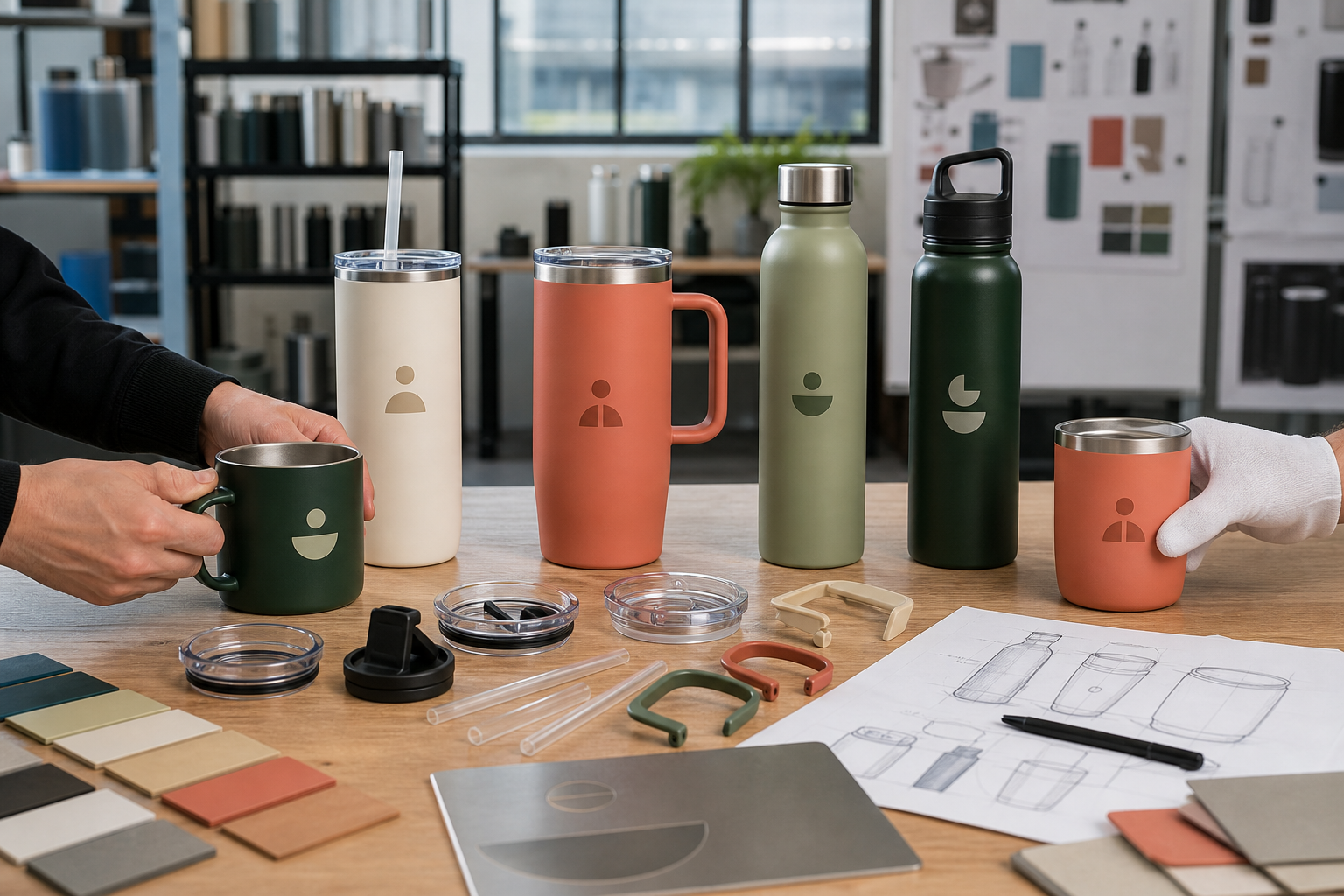 Original Clarion custom drinkware development workbench with product formats, colour samples and components