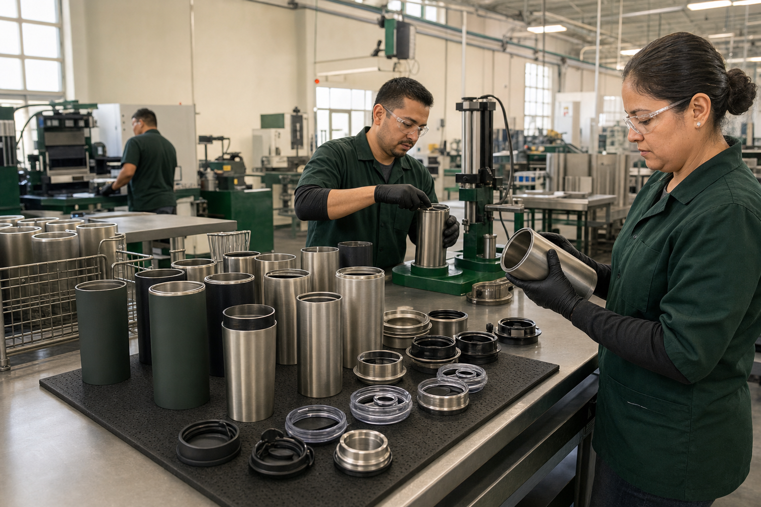 Original insulated drinkware manufacturing scene with assembly, component and surface checks