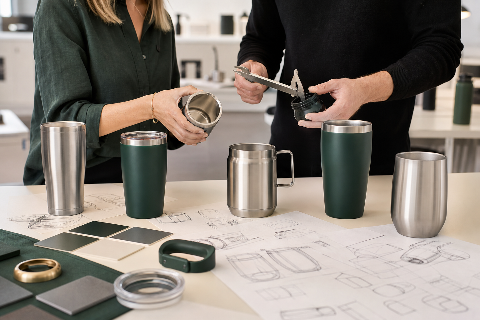Original OEM and ODM insulated drinkware development review with prototypes, components and colour samples
