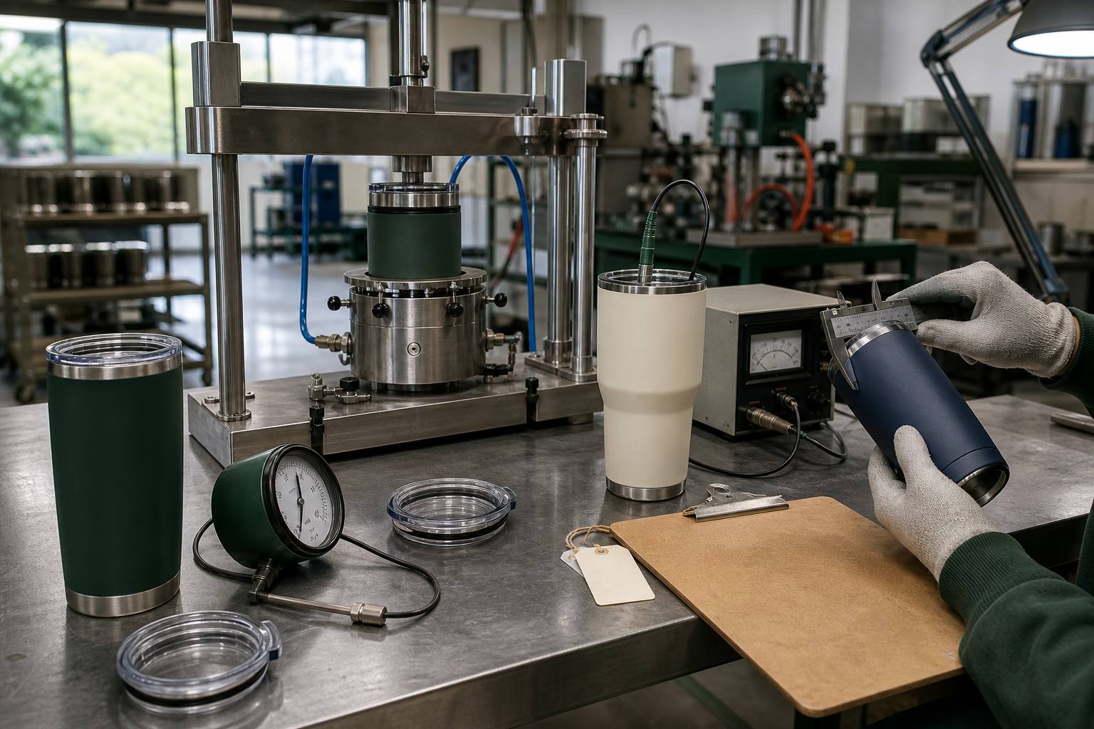 Original insulated tumbler testing lab with leak fixture, temperature probe and dimensional check