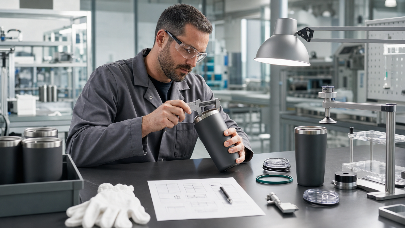Original insulated drinkware quality inspection scene with caliper, lids and surface review